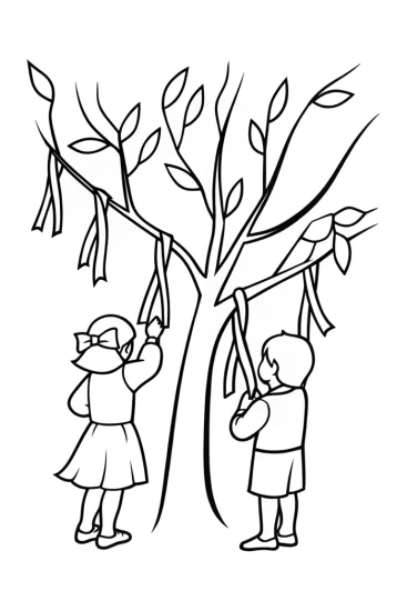 A coloring page of Children hanging wishes on a tree