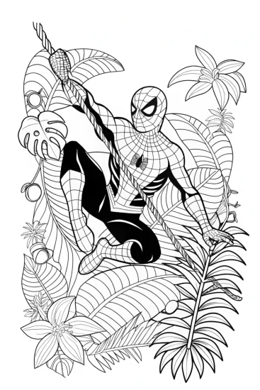 A coloring page of Spider-Man swinging in alien jungle