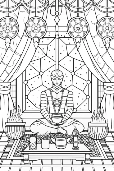 A coloring page of Venom’s cosmic tea ceremony