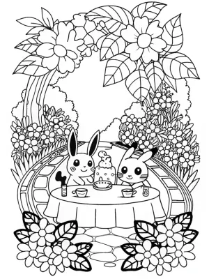 Pokémon tea ceremony in a garden coloring pages