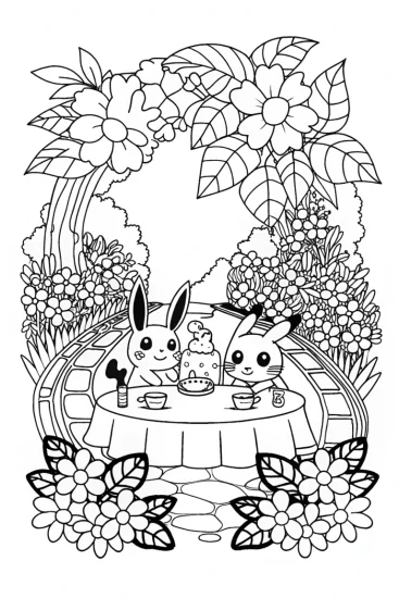 A coloring page of Pokémon tea ceremony in a garden