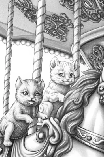 A coloring page of Kittens riding a carousel