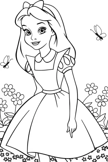 A coloring page of Alice in a magical meadow