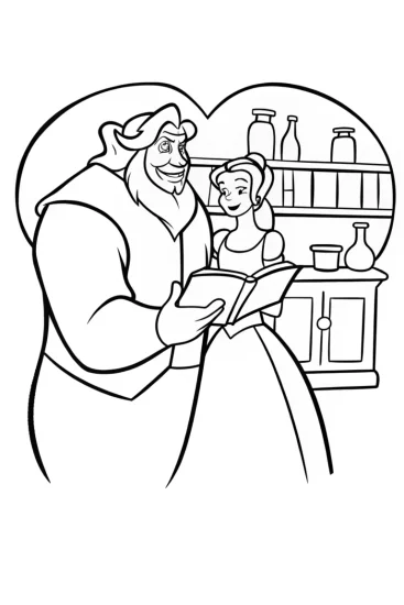 A coloring page of Belle and the Beast in the apothecary