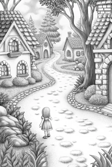 A coloring page of Gabby in a fairytale village