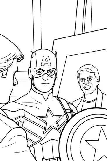A coloring page of Captain America painting with artists