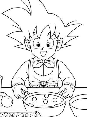 Goku baking a planet cake coloring pages