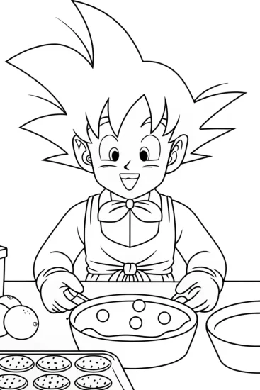 A coloring page of Goku baking a planet cake