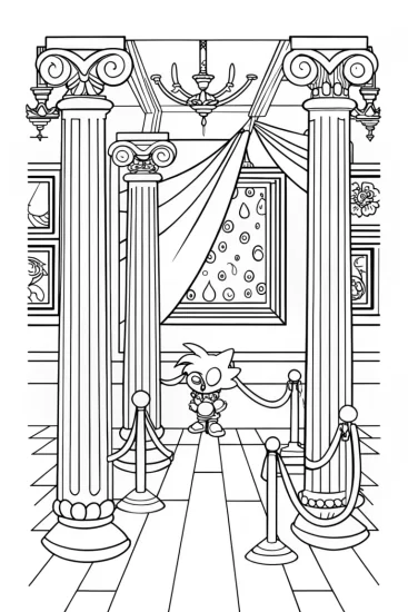 A coloring page of Super Sonic’s art gallery adventure