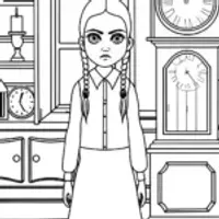 Wednesday Addams in a clock shop