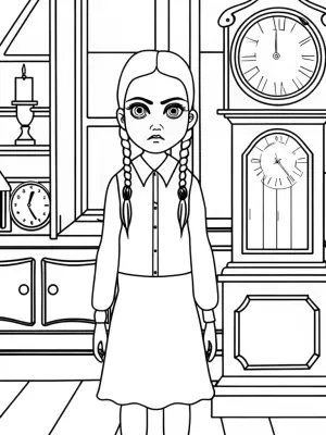 Wednesday Addams in a clock shop coloring pages