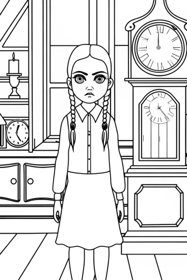 A coloring page of Wednesday Addams in a clock shop