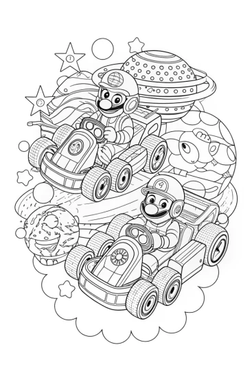 A coloring page of Mario and Luigi in space karts