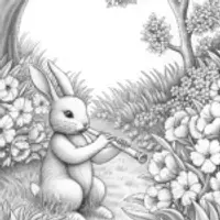 Rabbit playing music in spring garden