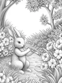 Rabbit playing music in spring garden