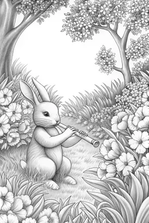 Rabbit playing music in spring garden coloring pages