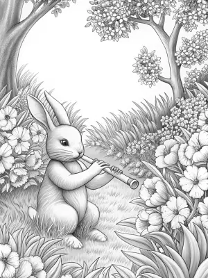 Rabbit playing music in spring garden coloring pages