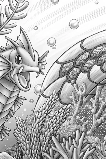 A coloring page of Gyarados at the underwater festival