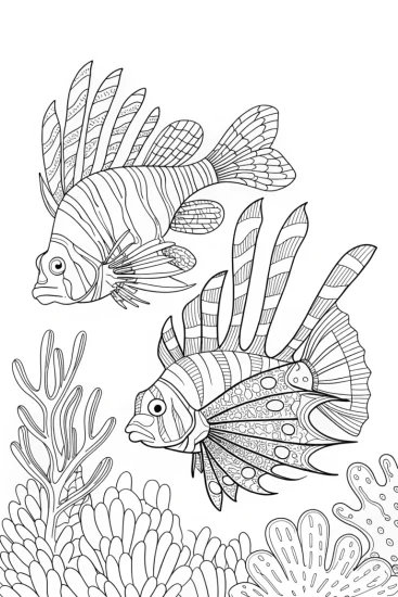 A coloring page of Zebra fish and lionfish adventure