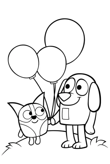 A coloring page of Bluey and Bingo’s balloon adventure