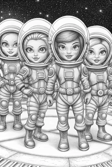 A coloring page of Bratz dolls in space suits