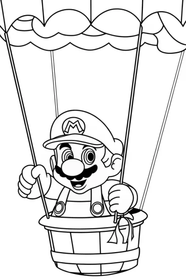 A coloring page of Mario flying in a hot air balloon