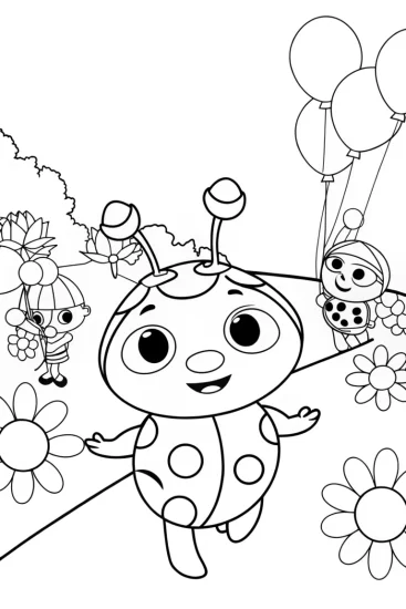 A coloring page of Ladybug leads a spring parade