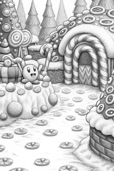 A coloring page of Kirby in the candy workshop