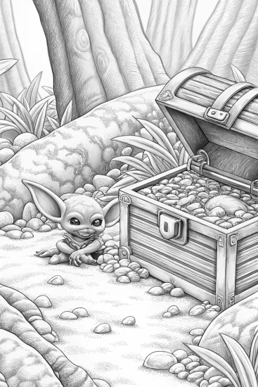 A coloring page of Baby Yoda’s treasure hunt