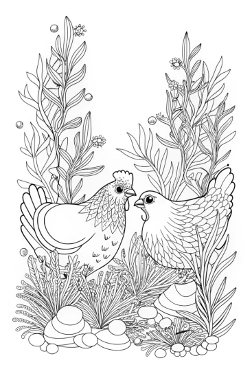 A coloring page of Chickens exploring underwater world