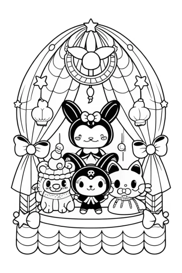 A coloring page of Kuromi leading a dream parade