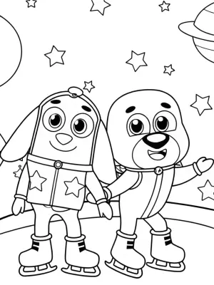 Bluey and Bingo ice skating in space coloring pages