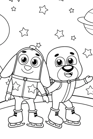 A coloring page of Bluey and Bingo ice skating in space