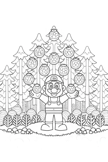 A coloring page of Mario juggling fruits in a forest