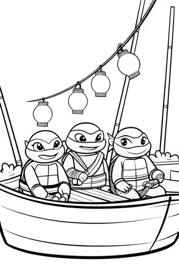 A coloring page of TMNT in a floating sushi garden
