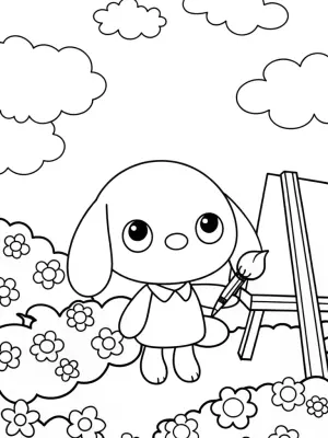 Cinnamoroll painting flowers in clouds coloring pages