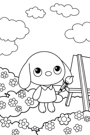 A coloring page of Cinnamoroll painting flowers in clouds