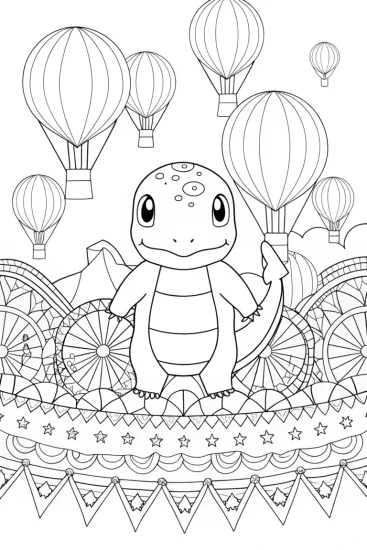A coloring page of Charmander at the balloon festival