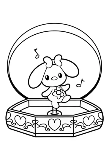 A coloring page of My Melody in a music box