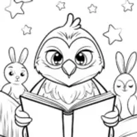 Owl reading with rabbits stargazing