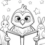 Owl reading with rabbits stargazing