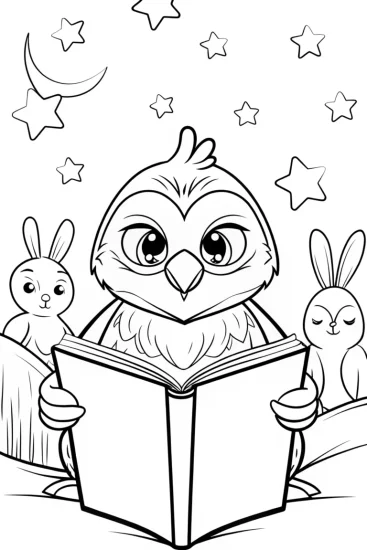 A coloring page of Owl reading with rabbits stargazing