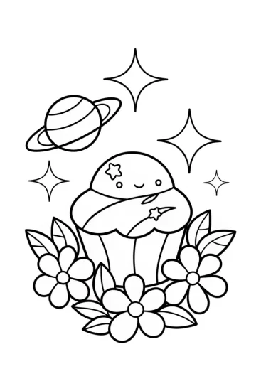 A coloring page of Cupcake Chic in a cosmic garden