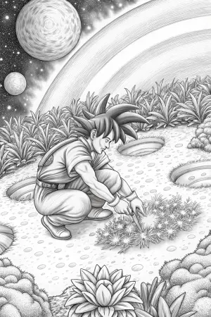 Goku gardening in space coloring pages