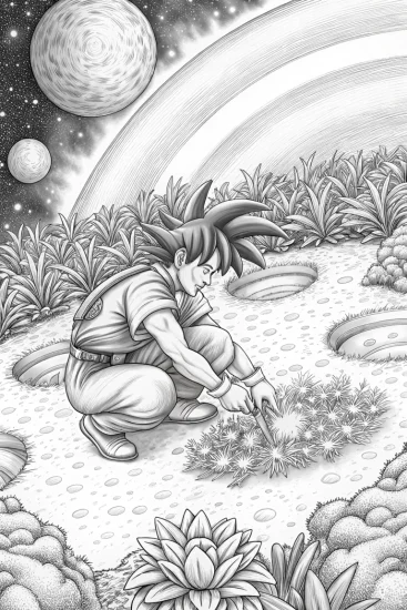 A coloring page of Goku gardening in space