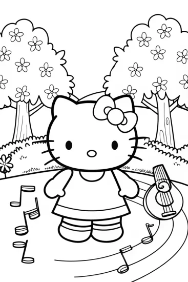 A coloring page of Hello Kitty in the music garden
