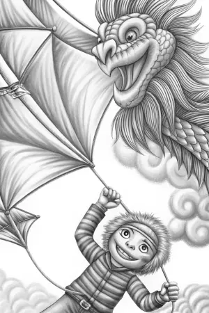 Huggy Wuggy flying a dragon kite coloring pages