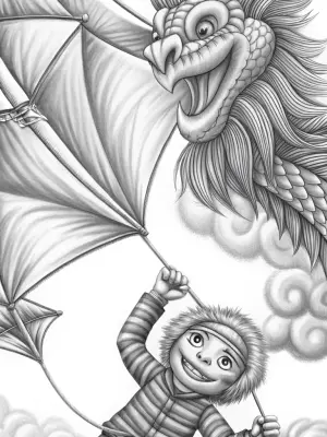 Huggy Wuggy flying a dragon kite coloring pages