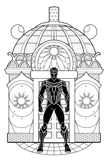 A coloring page of Black Panther at the Galactic Observatory