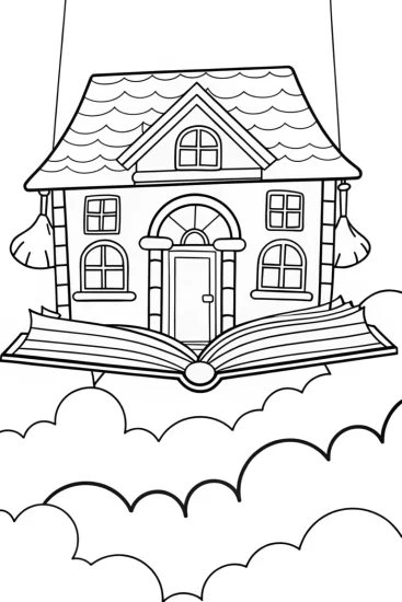 A coloring page of Whimsical library on clouds
